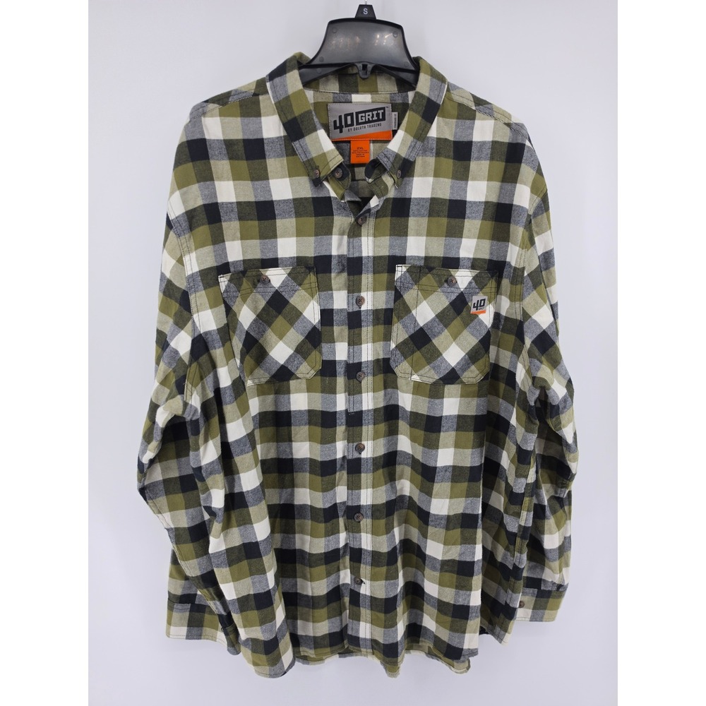 40 Grit by Duluth Trading Mens 2XL Plaid Flannel Shirt Olive Green Black White